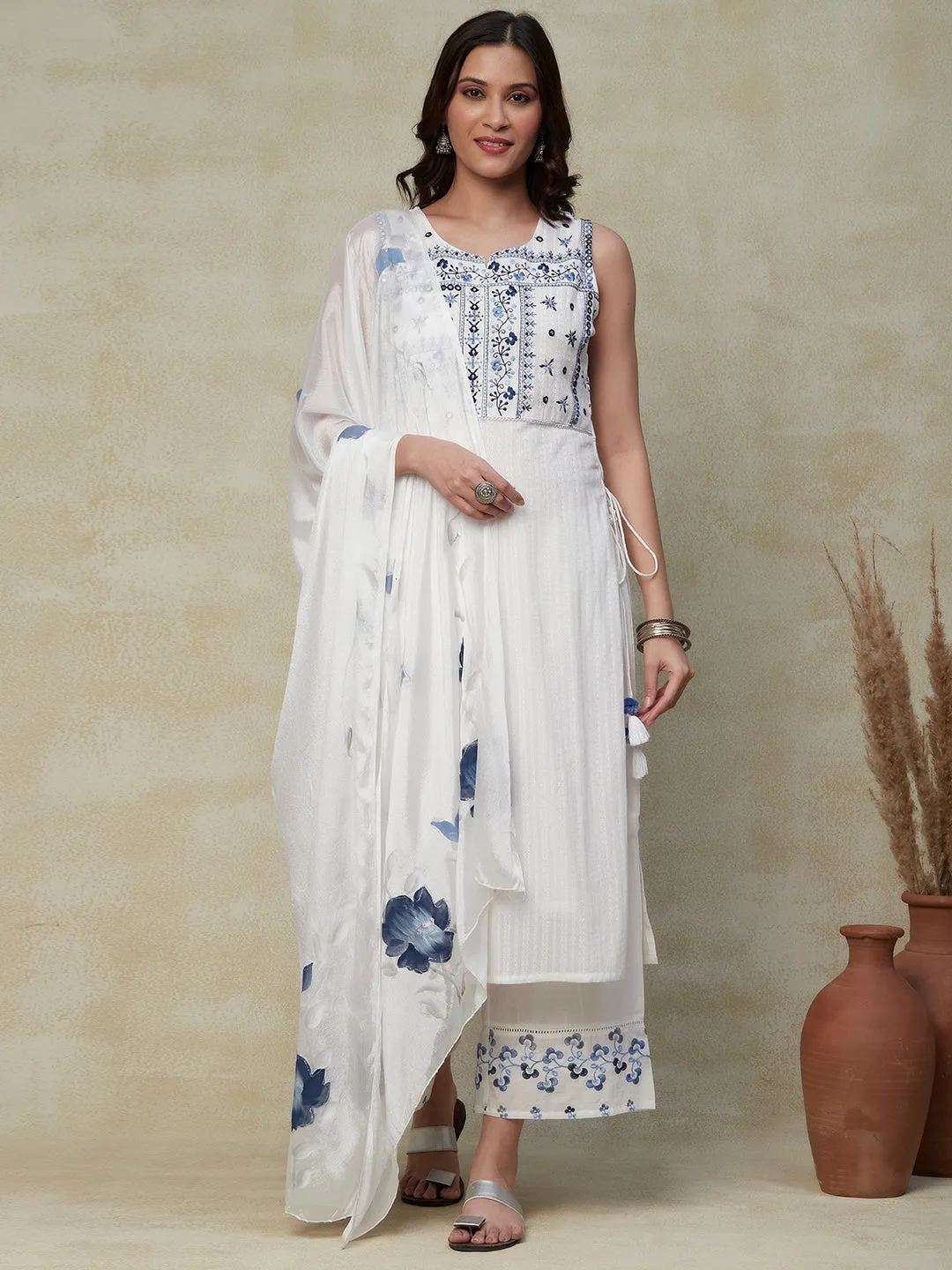 Dobby Design Resham & Mirror Embroidered Kurta with Palazzo & Hand Painted Dupatta - White