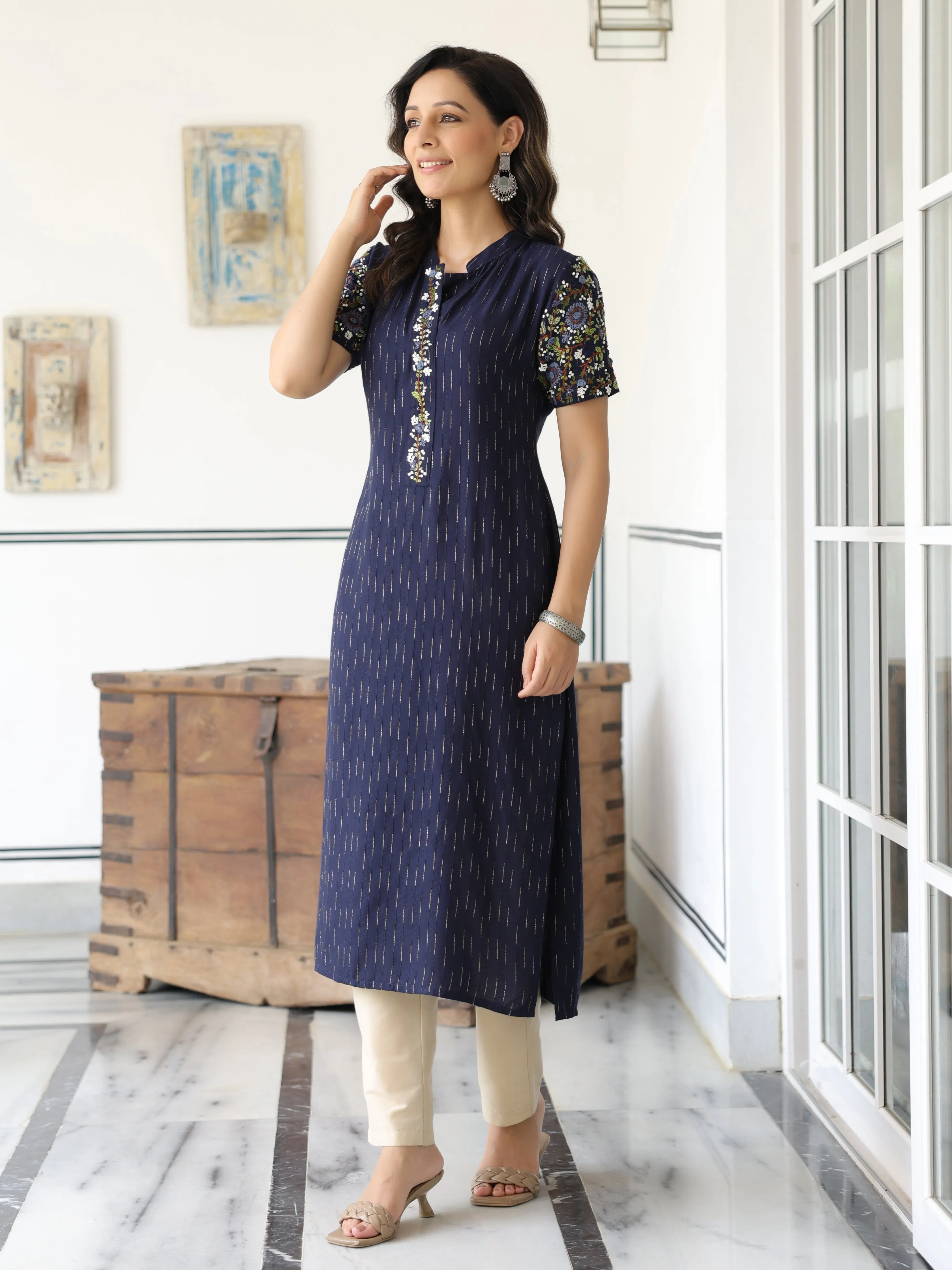 Dobby Striped Resham & Sequins Embroidered Kurta - Blue