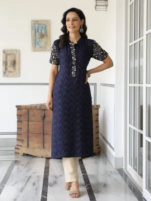 Dobby Striped Resham & Sequins Embroidered Kurta - Blue