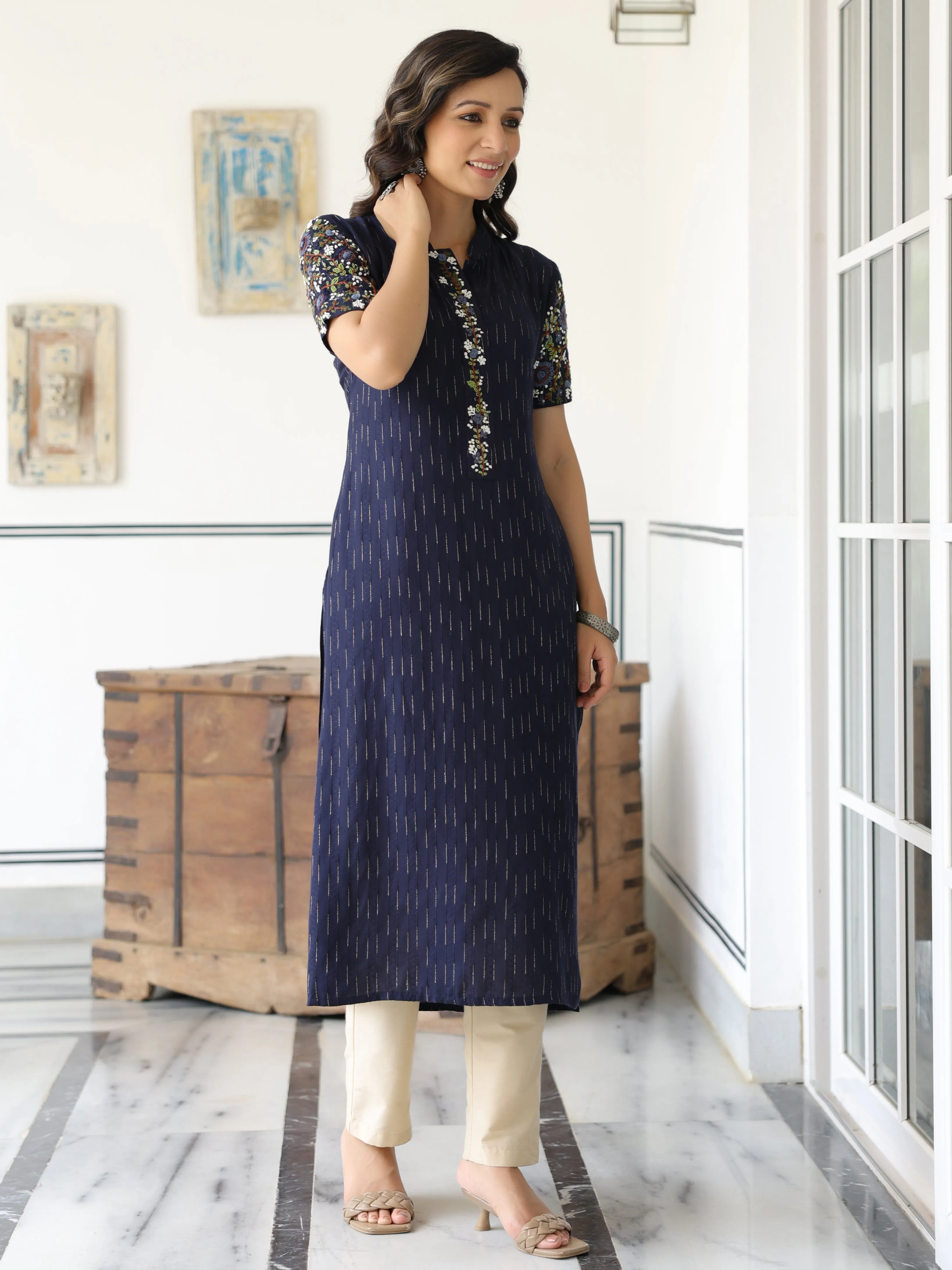 Dobby Striped Resham & Sequins Embroidered Kurta - Blue