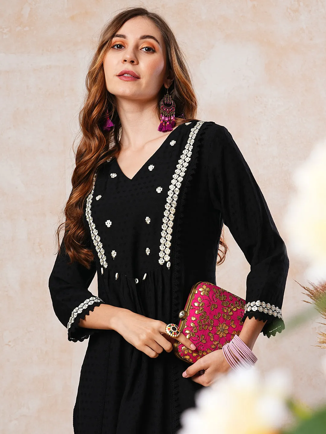 Dobby Striped Resham Embroidered Pleated Paneled Kurta - Black