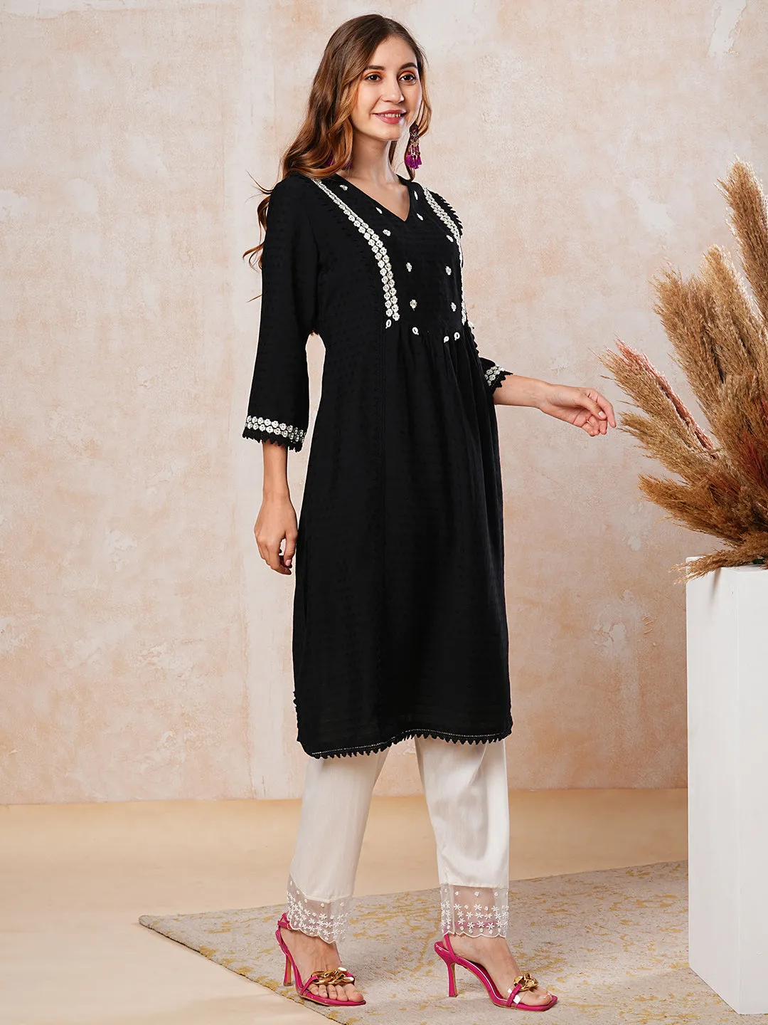 Dobby Striped Resham Embroidered Pleated Paneled Kurta - Black