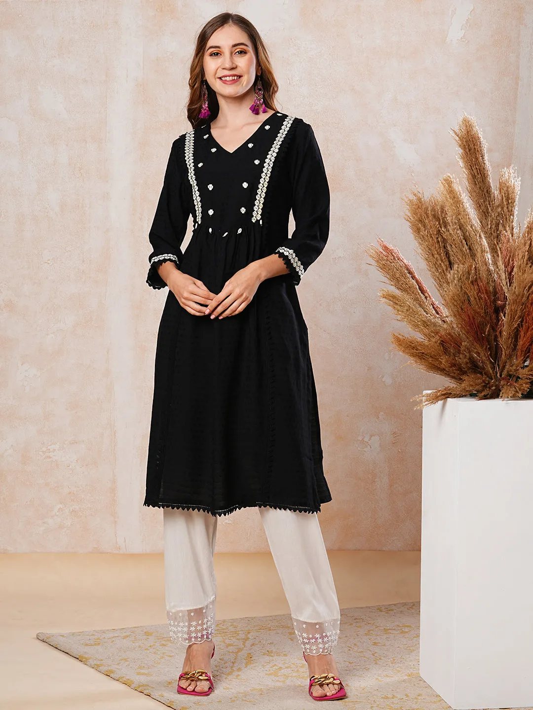 Dobby Striped Resham Embroidered Pleated Paneled Kurta - Black