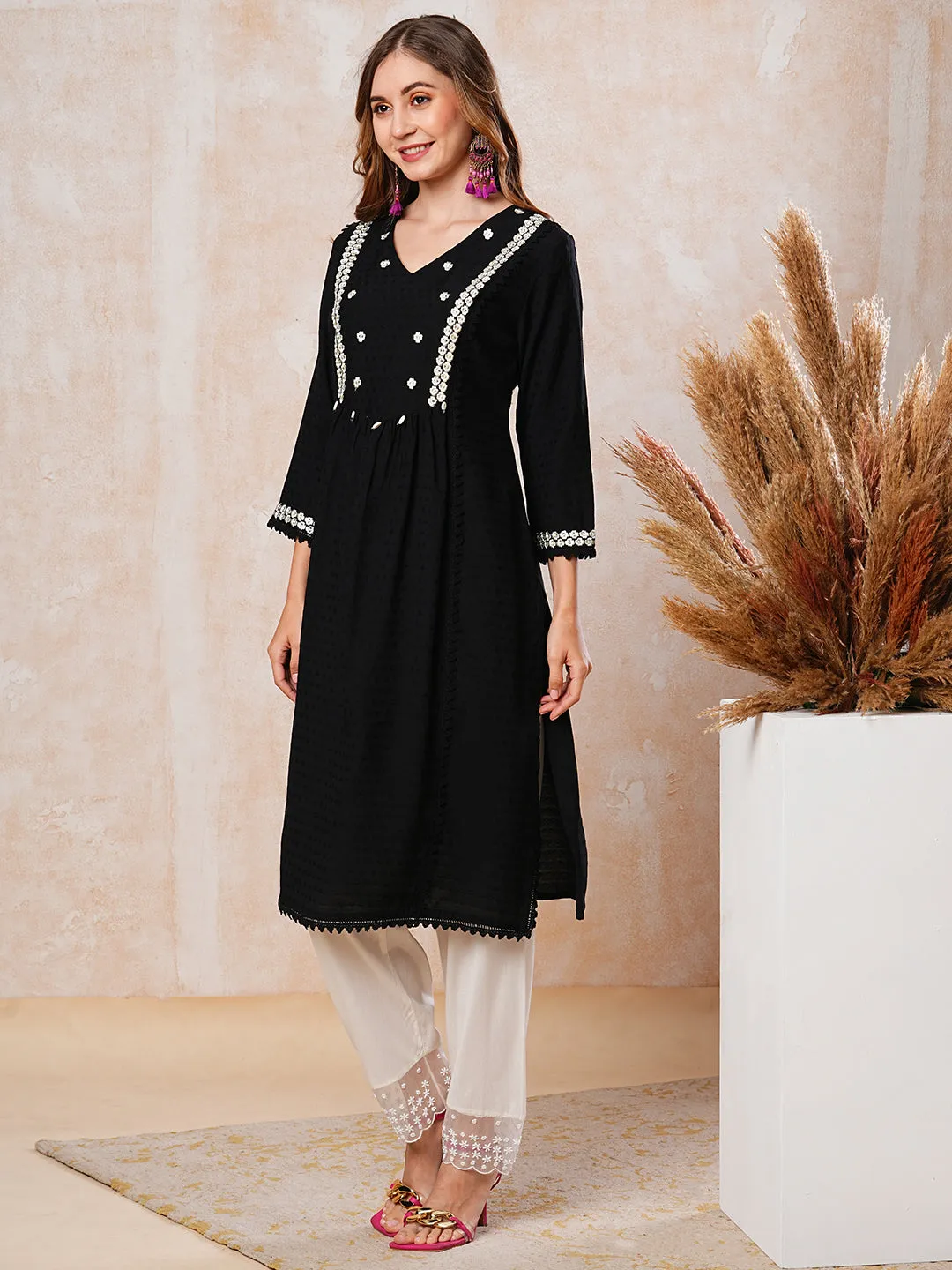 Dobby Striped Resham Embroidered Pleated Paneled Kurta - Black