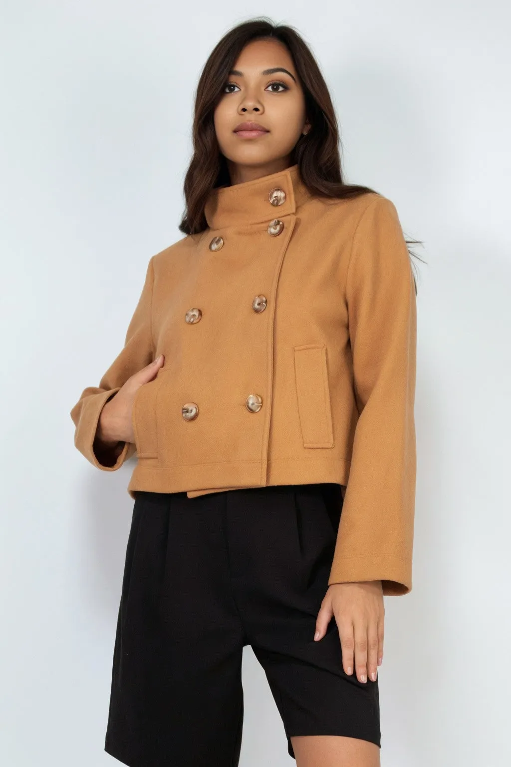 Double-Breasted Solid Crop Coat - Final Sale