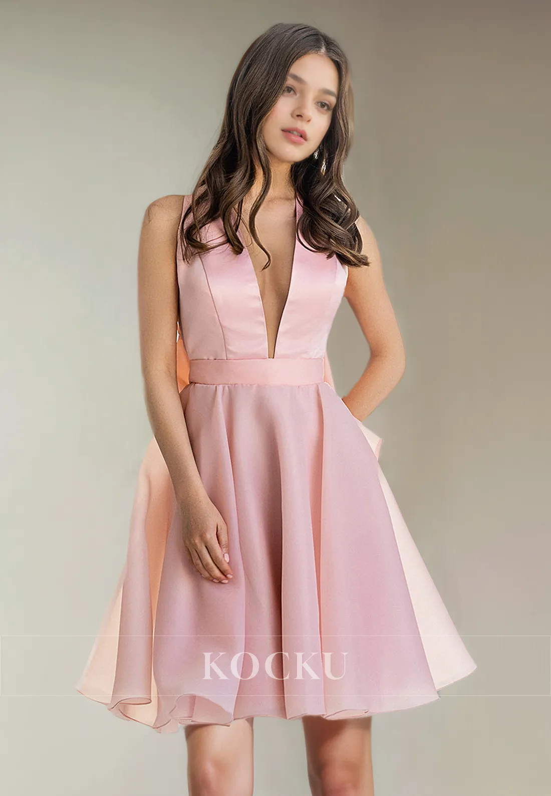 Elegant & Simple V-Neck Sleeveless A-Line Bowknot Party Homecoming Dress