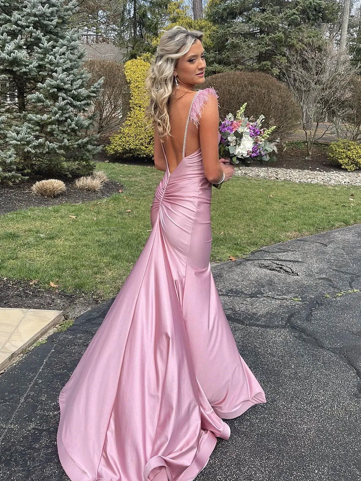 Elegant Mermaid Pink Evening Party Gowns With Feather,Backless Prom Dress #SEW0961