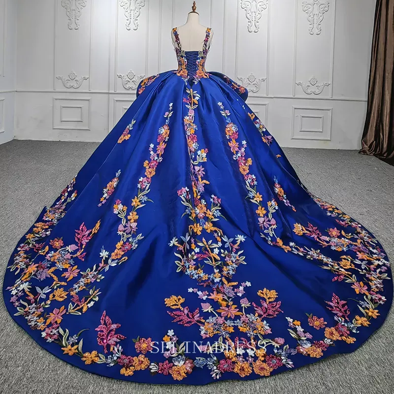 Elegant Royal Blue Beaded Ball Gown Organza Sequins Evening Dress For Women DY9967