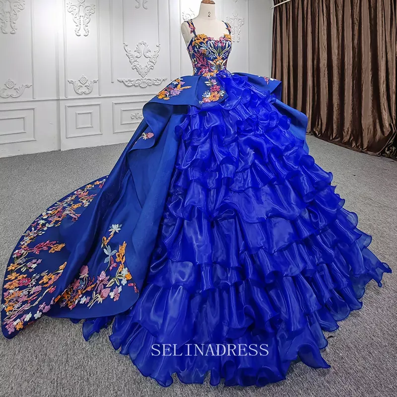 Elegant Royal Blue Beaded Ball Gown Organza Sequins Evening Dress For Women DY9967