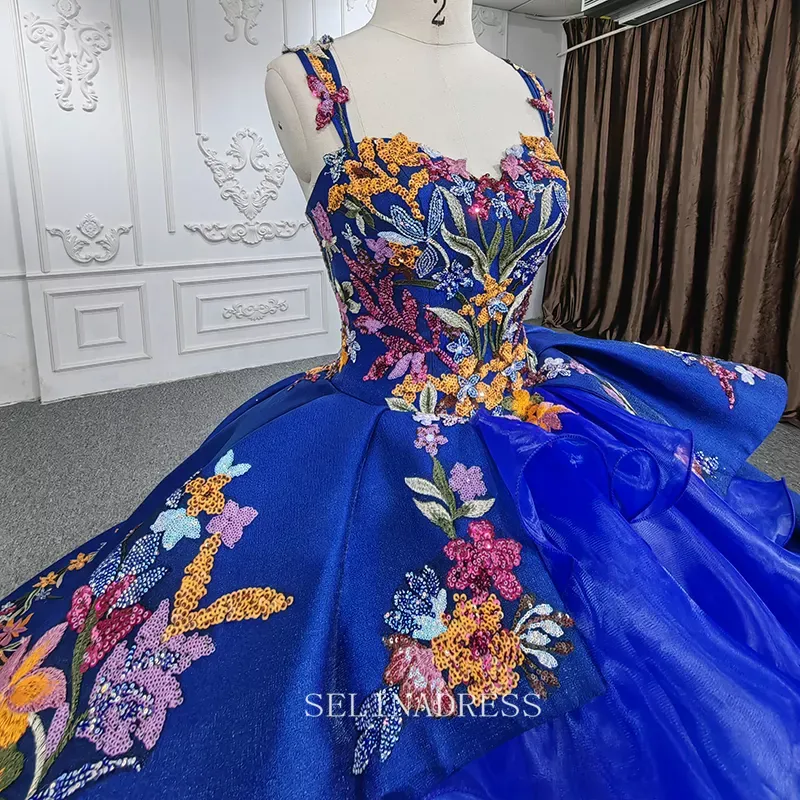 Elegant Royal Blue Beaded Ball Gown Organza Sequins Evening Dress For Women DY9967