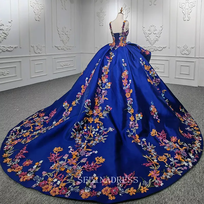 Elegant Royal Blue Beaded Ball Gown Organza Sequins Evening Dress For Women DY9967