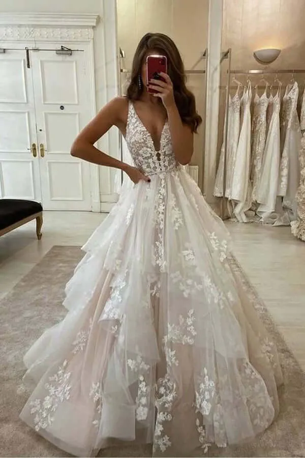 Elegant V Neck Ball Gown Lace Rustic Wedding Dresses Appliques Tired KPW001