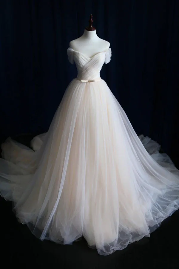 Elegant V Neck Off-shoulder Tulle Pleat Sweep Train Wedding Dresses