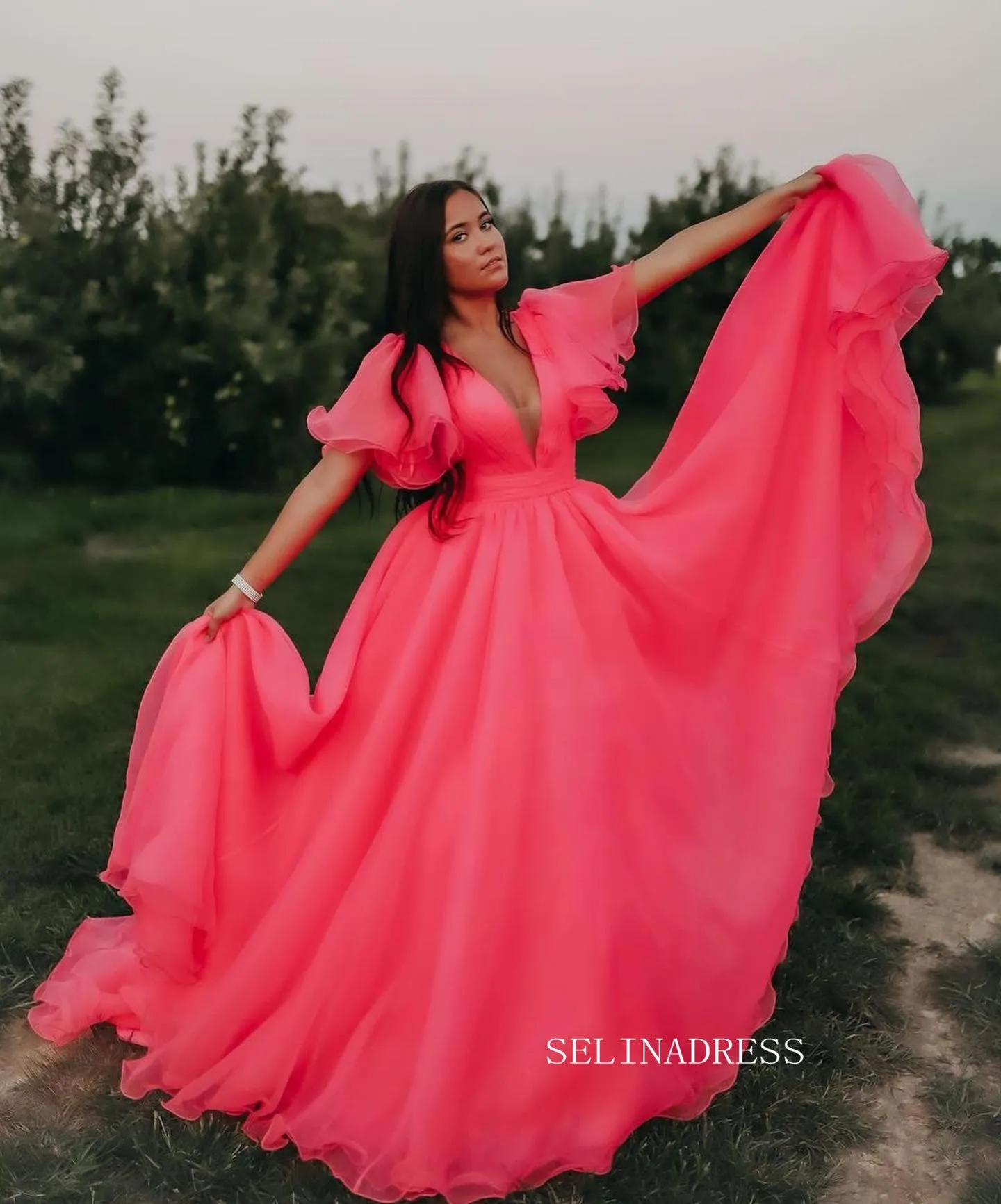 Elegant V neck Tulle Long Prom Dress Formal Dress Evening Dress #JKP003