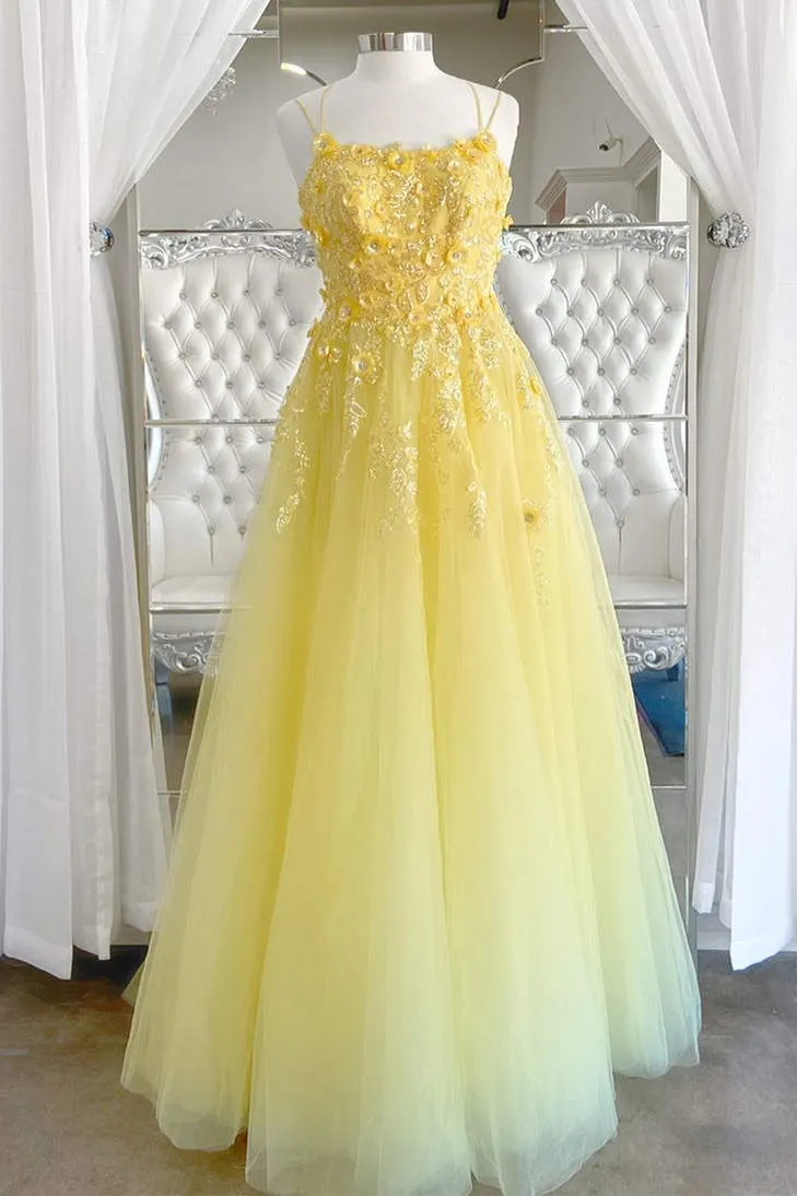 Elegant Yellow Floral Dress A-Line Sequined Long Formal Dress ASSD006