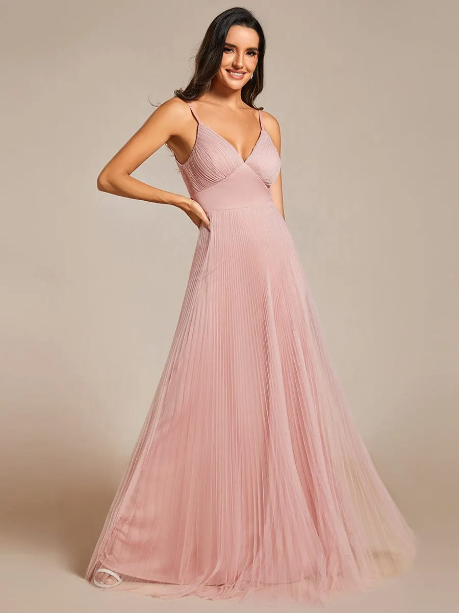 Empire Waist Spaghetti Sratp V-Neck Backless Tulle Bridesmaid Dress