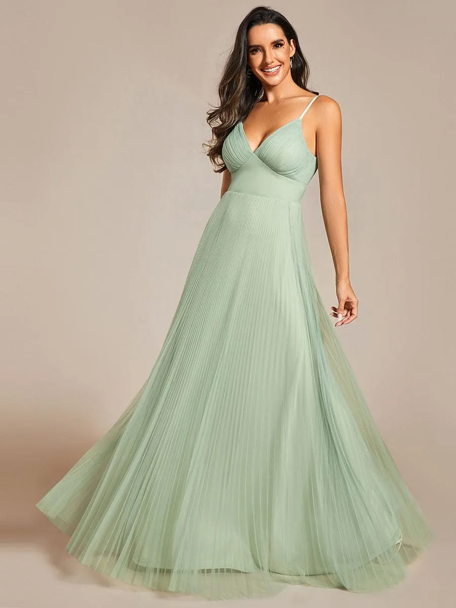 Empire Waist Spaghetti Sratp V-Neck Backless Tulle Bridesmaid Dress