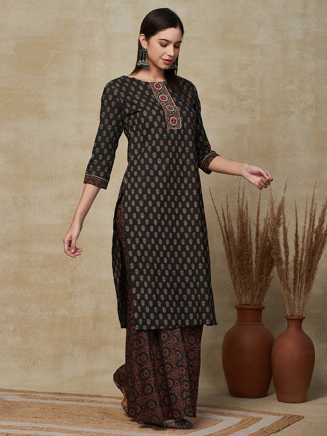 Ethnic Ajarakh Printed & Embroidered Straight Kurta with Sharara - Green