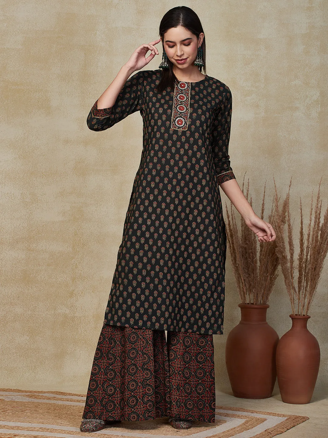 Ethnic Ajarakh Printed & Embroidered Straight Kurta with Sharara - Green