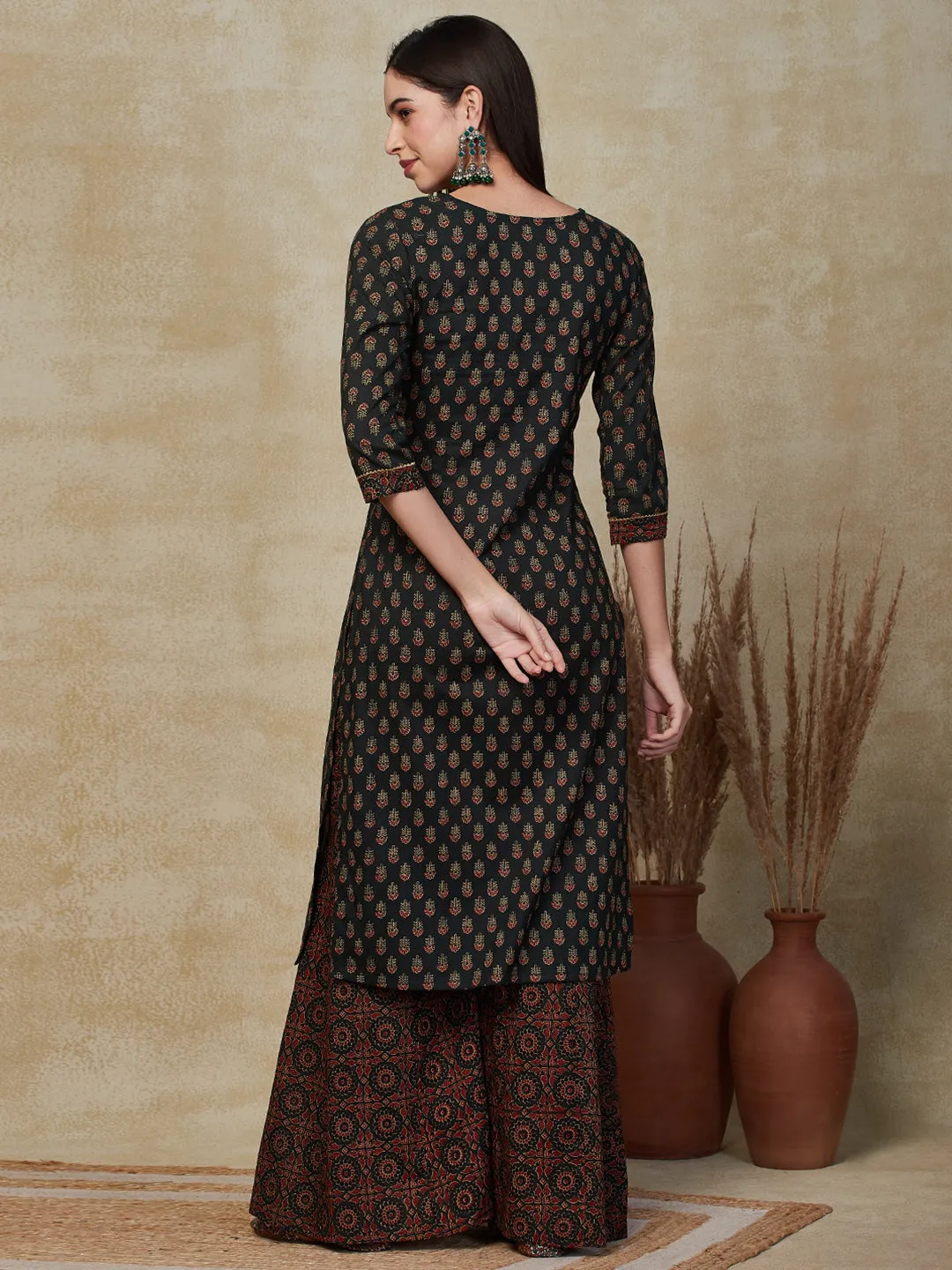 Ethnic Ajarakh Printed & Embroidered Straight Kurta with Sharara - Green