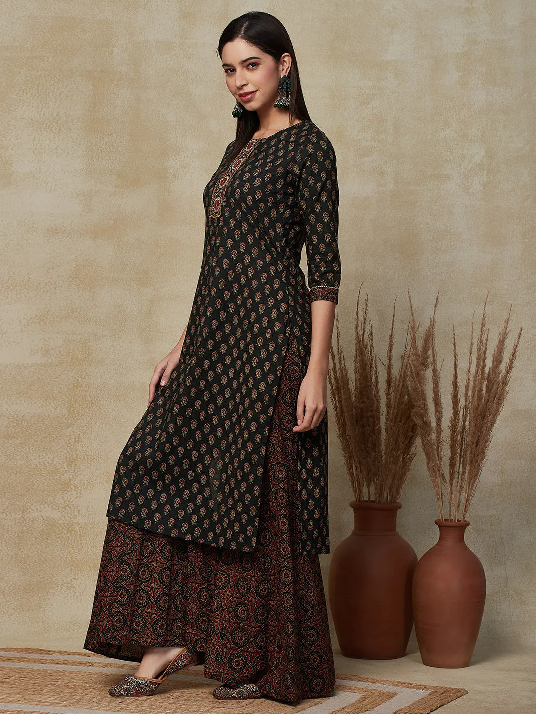 Ethnic Ajarakh Printed & Embroidered Straight Kurta with Sharara - Green