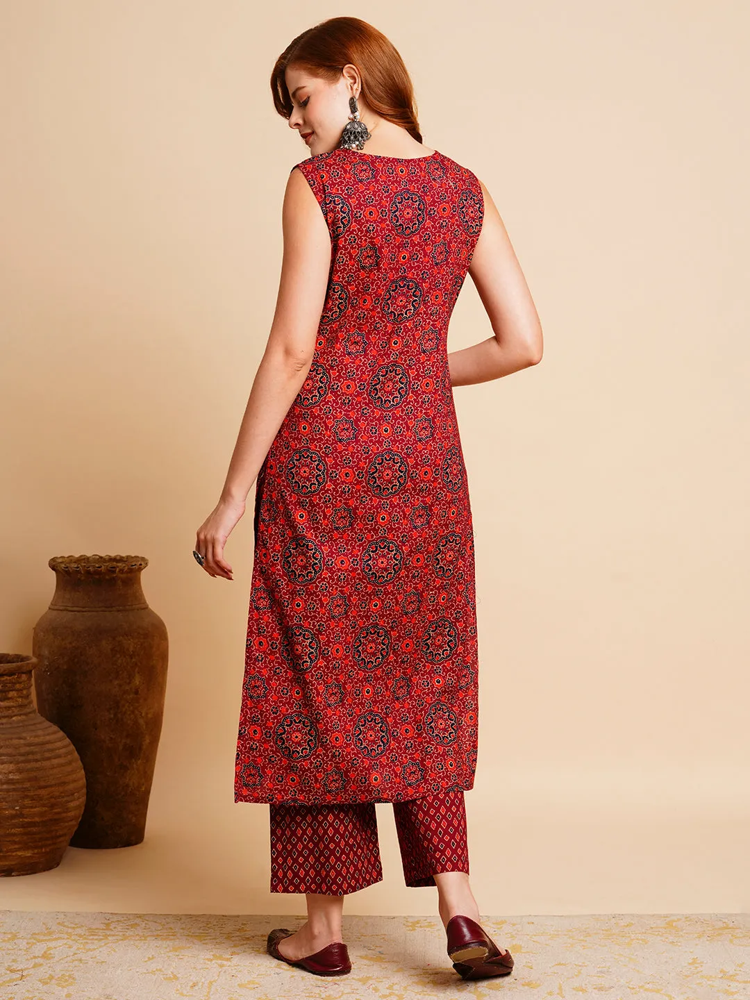 Ethnic Ajarakh Printed & Kantha Embroidered Straight Fit Kurta with Palazzo - Maroon