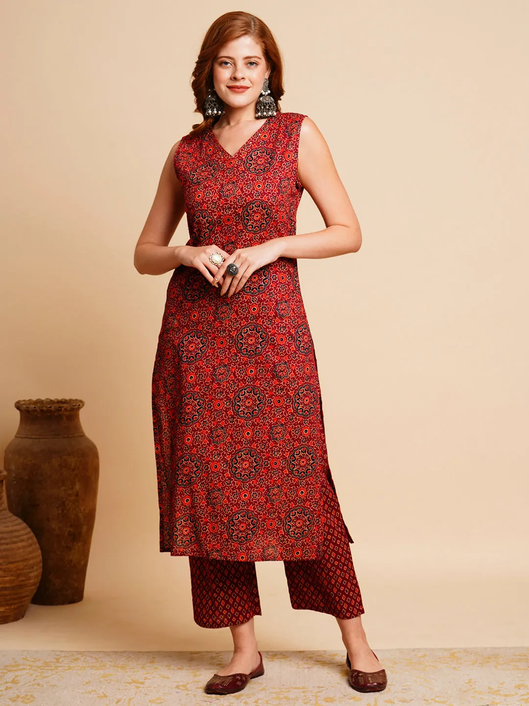 Ethnic Ajarakh Printed & Kantha Embroidered Straight Fit Kurta with Palazzo - Maroon