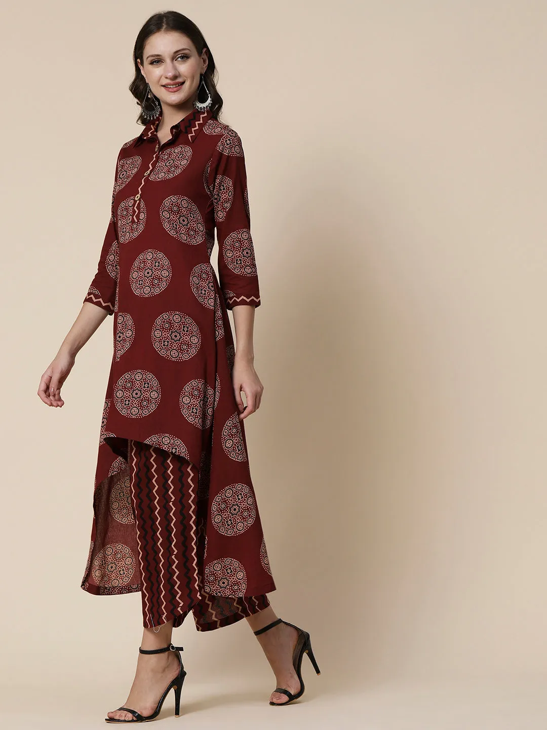 Ethnic & Chevron Printed A-line High - Low Kurta with Palazzo - Brown