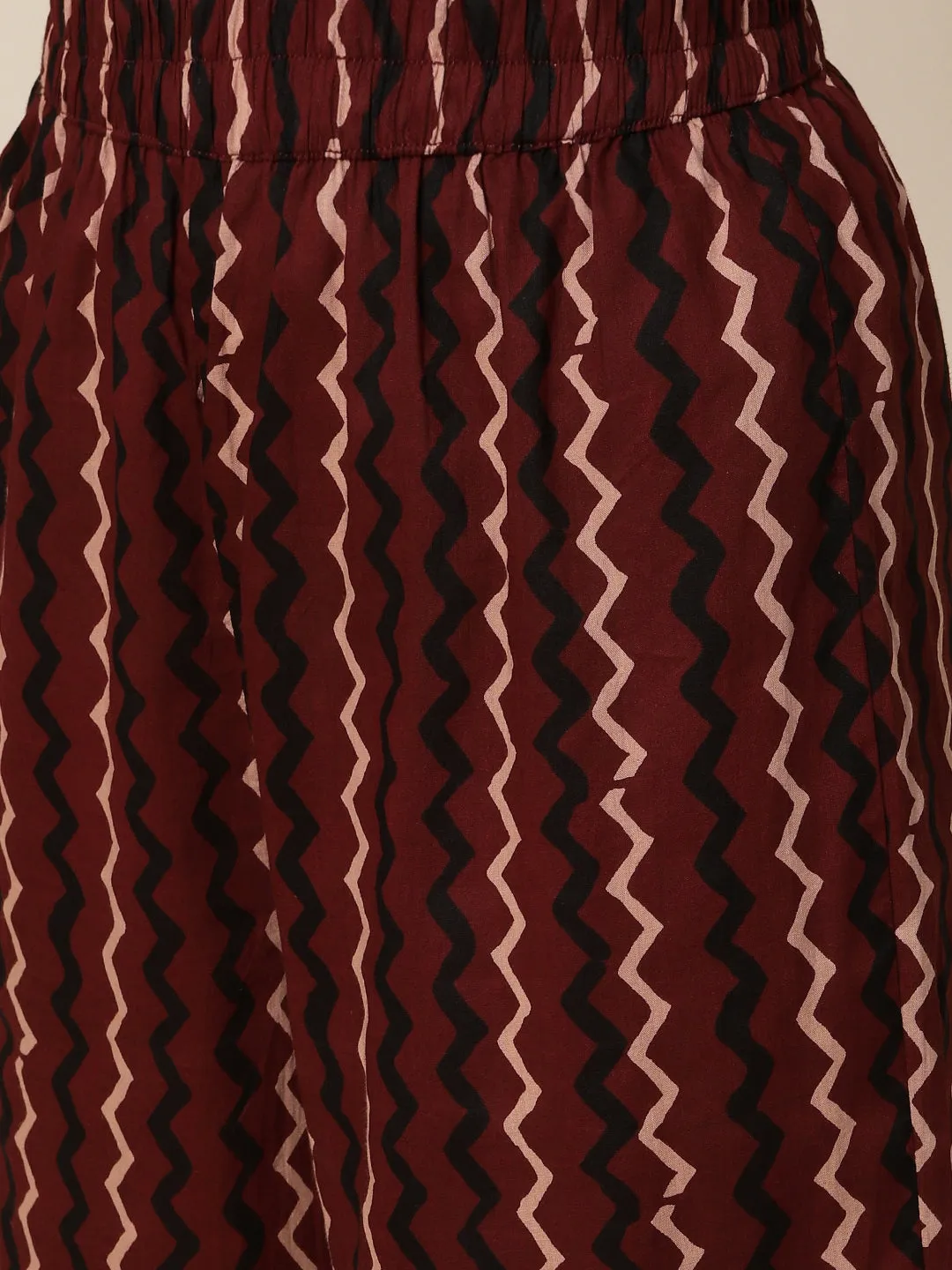 Ethnic & Chevron Printed A-line High - Low Kurta with Palazzo - Brown