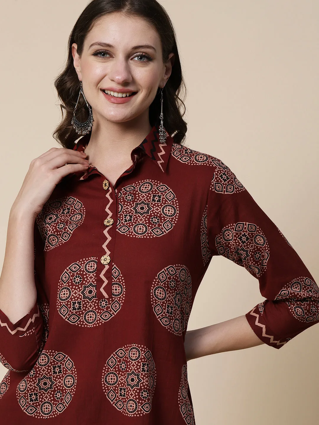 Ethnic & Chevron Printed A-line High - Low Kurta with Palazzo - Brown