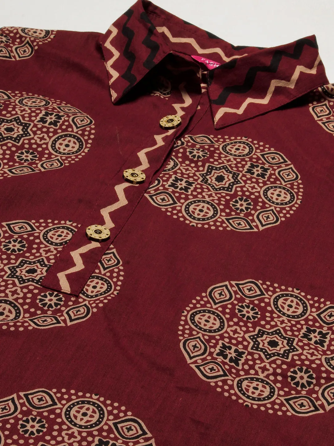 Ethnic & Chevron Printed A-line High - Low Kurta with Palazzo - Brown