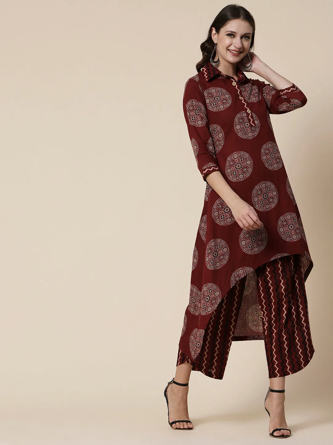 Ethnic & Chevron Printed A-line High - Low Kurta with Palazzo - Brown