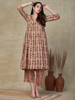 Ethnic & Stripes Printed & Embroidered A-Line Kurta with Pant - Brown