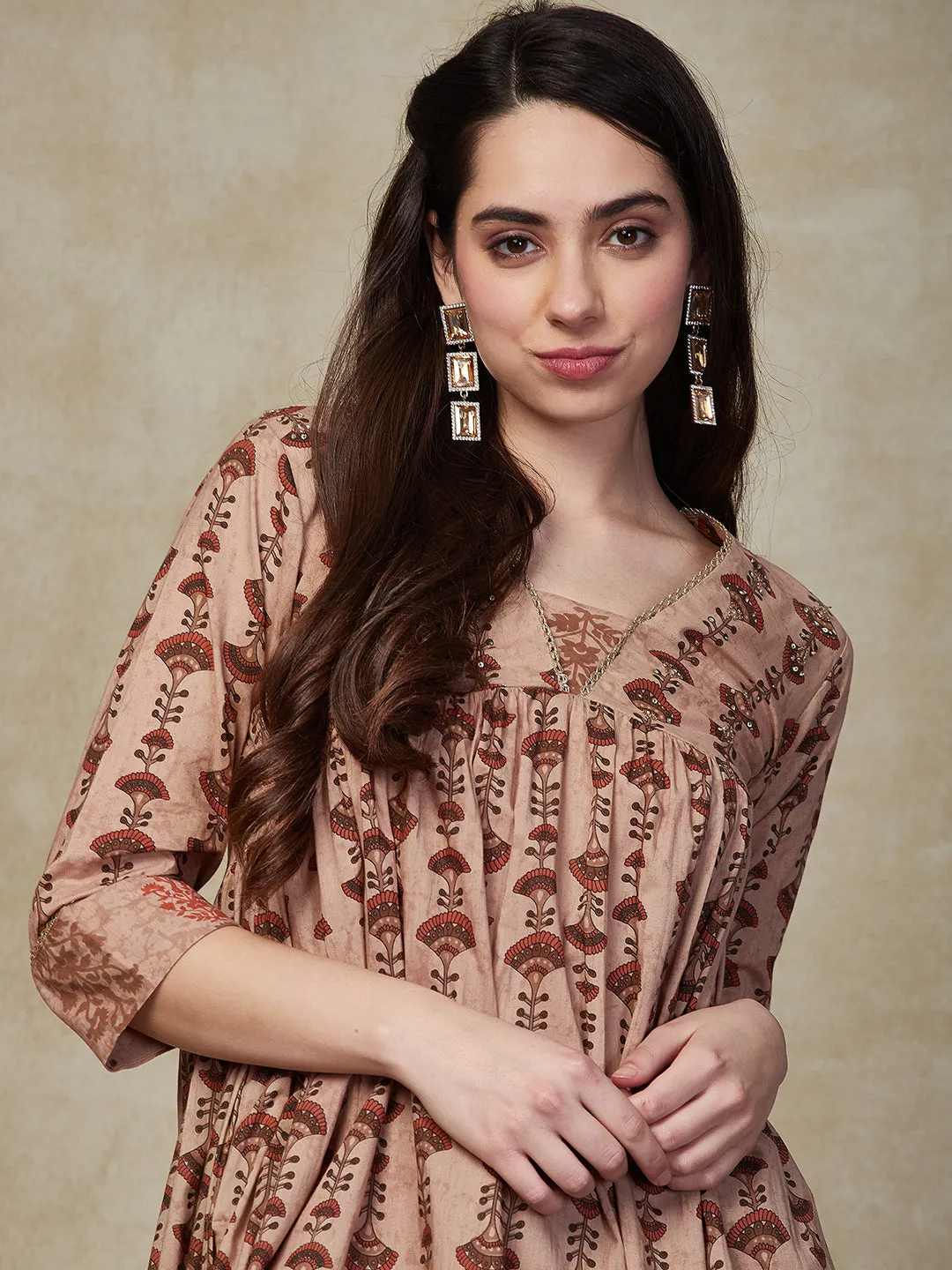 Ethnic & Stripes Printed & Embroidered A-Line Kurta with Pant - Brown