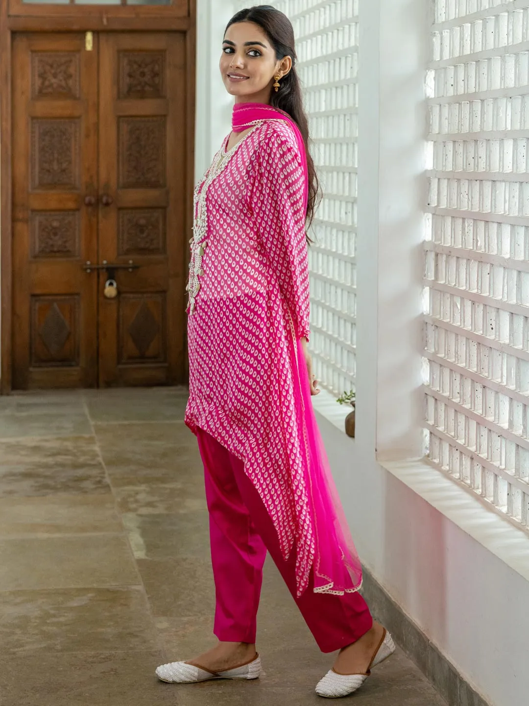 Ethnic Bandhani Printed Embroidered A-Line High Low Kurta with Pant and Dupatta - Pink