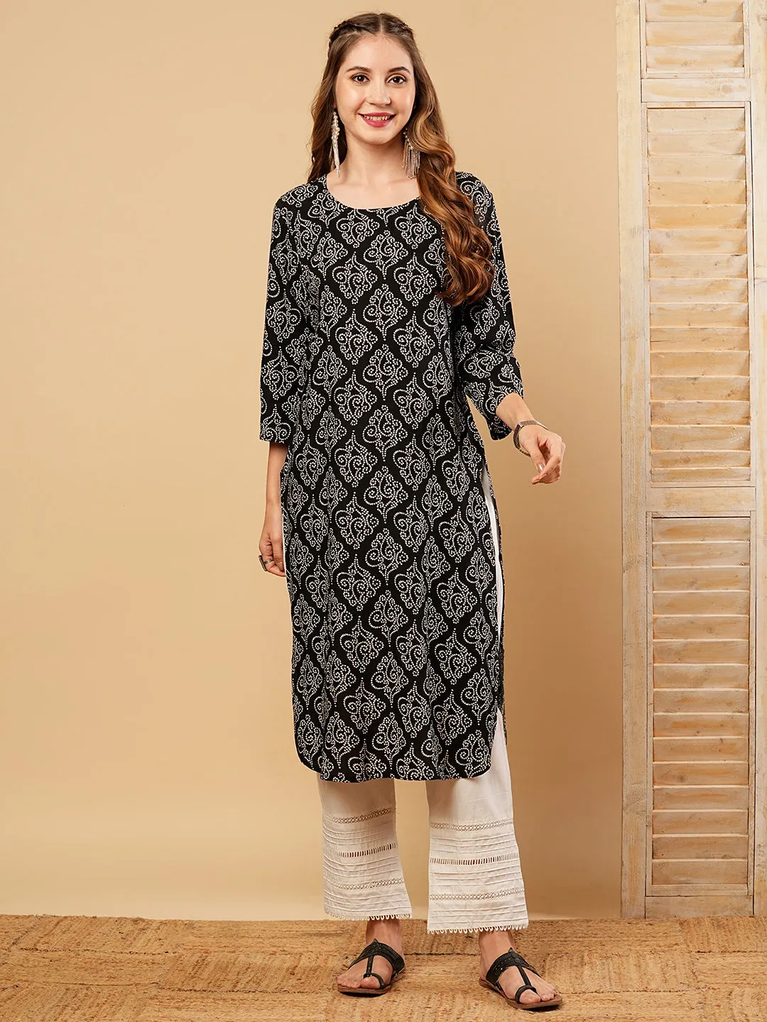 Ethnic Bandhani Printed Straight Fit Cotton Kurta - Black