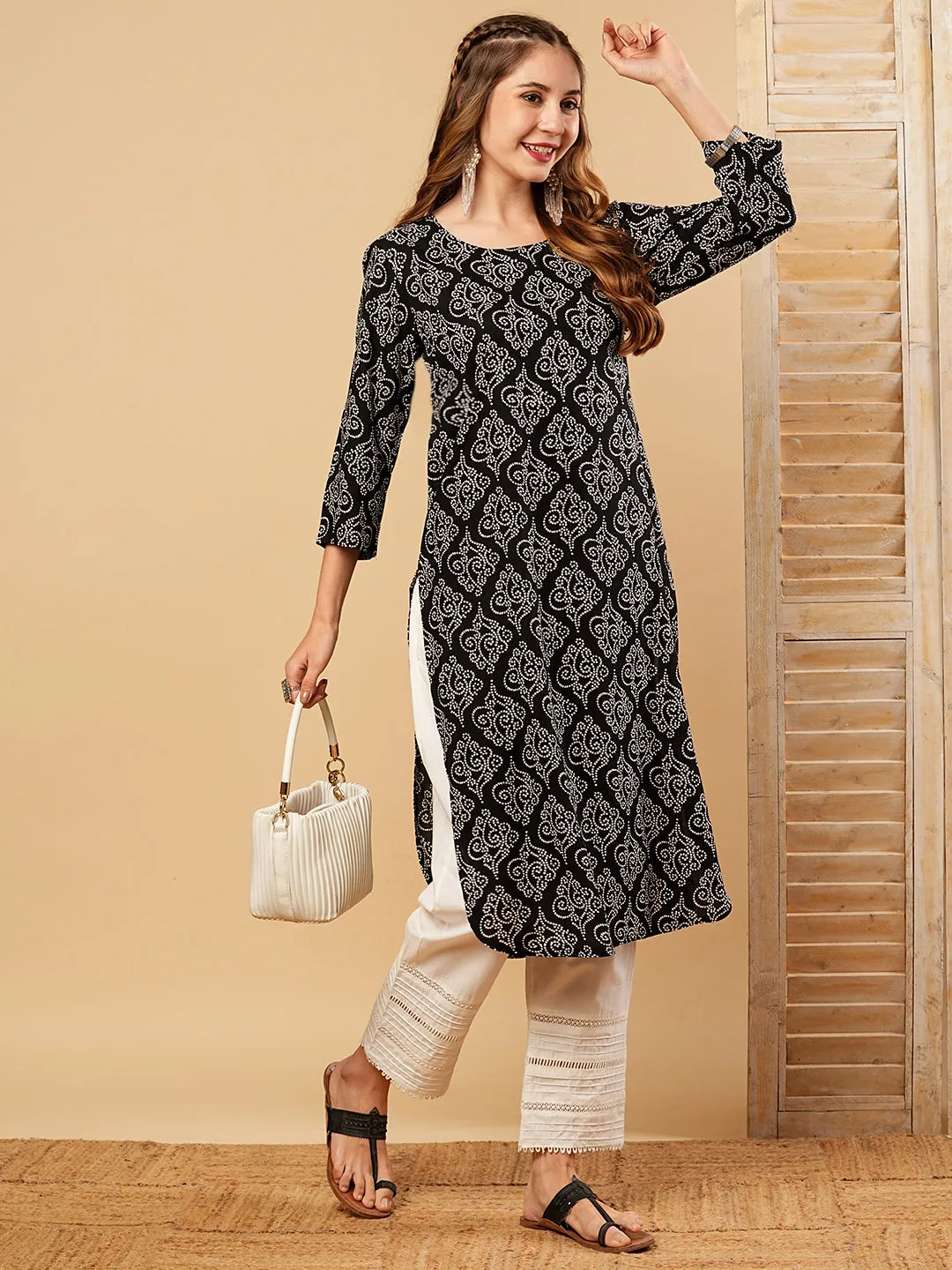 Ethnic Bandhani Printed Straight Fit Cotton Kurta - Black