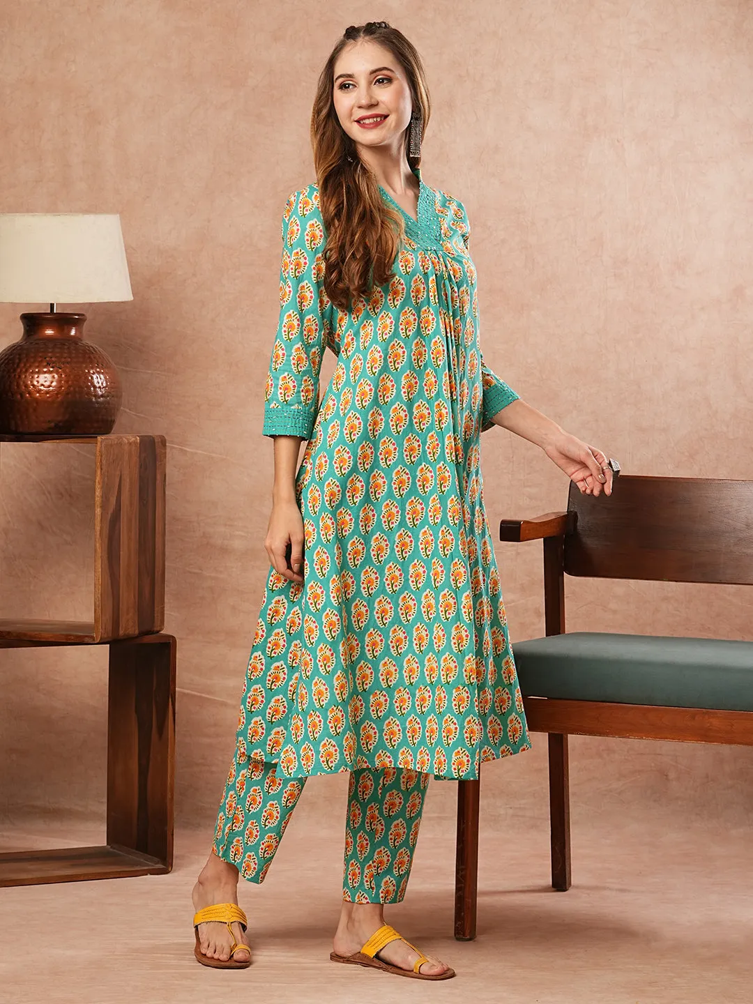 Ethnic Block Printed & Kantha Work A-Line Pleated Kurta with Pant - Turquoise Blue