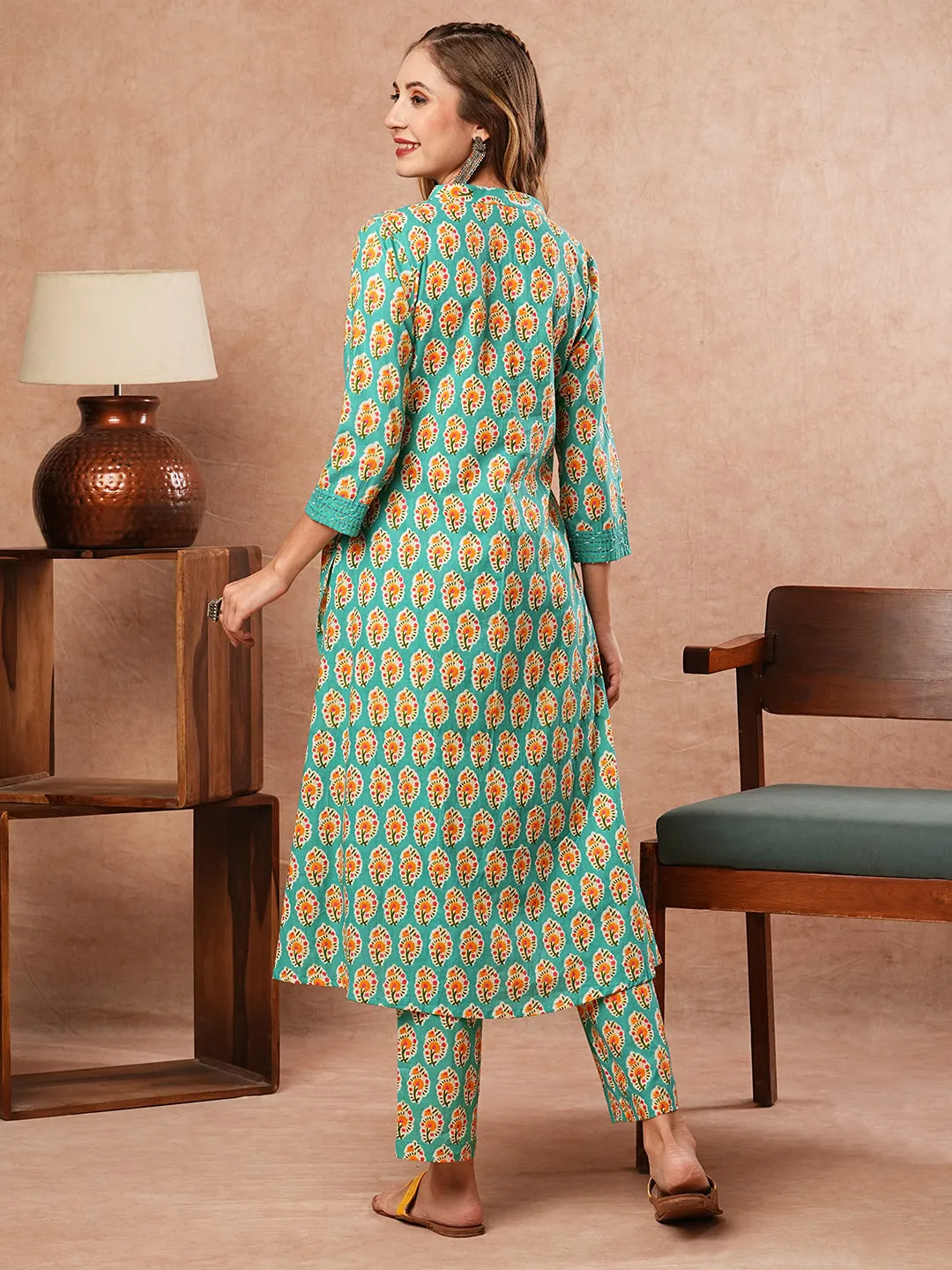 Ethnic Block Printed & Kantha Work A-Line Pleated Kurta with Pant - Turquoise Blue