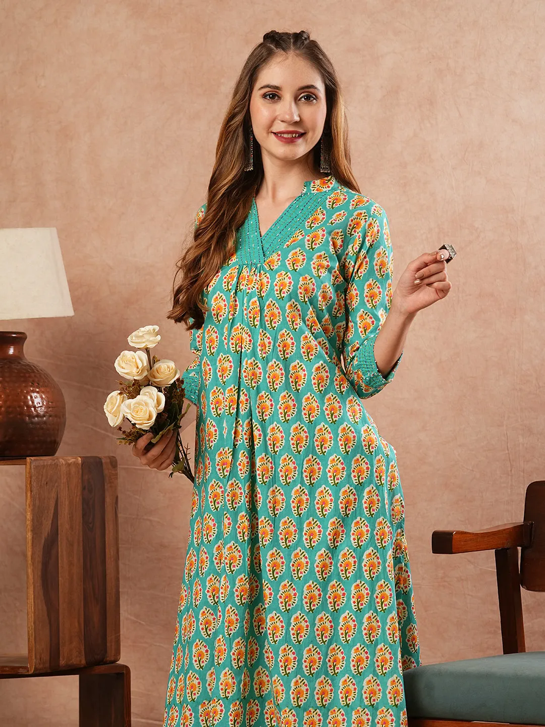 Ethnic Block Printed & Kantha Work A-Line Pleated Kurta with Pant - Turquoise Blue