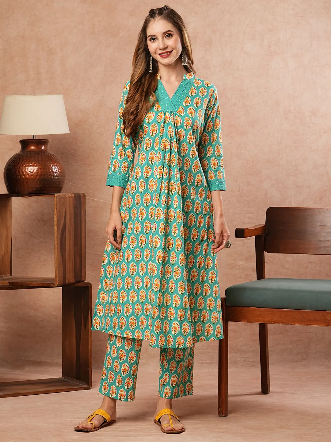 Ethnic Block Printed & Kantha Work A-Line Pleated Kurta with Pant - Turquoise Blue