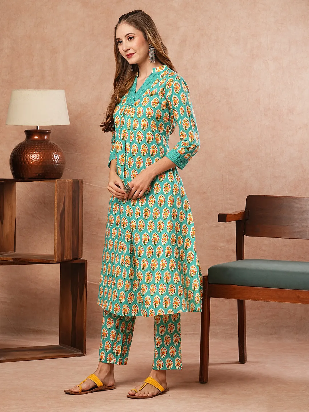 Ethnic Block Printed & Kantha Work A-Line Pleated Kurta with Pant - Turquoise Blue