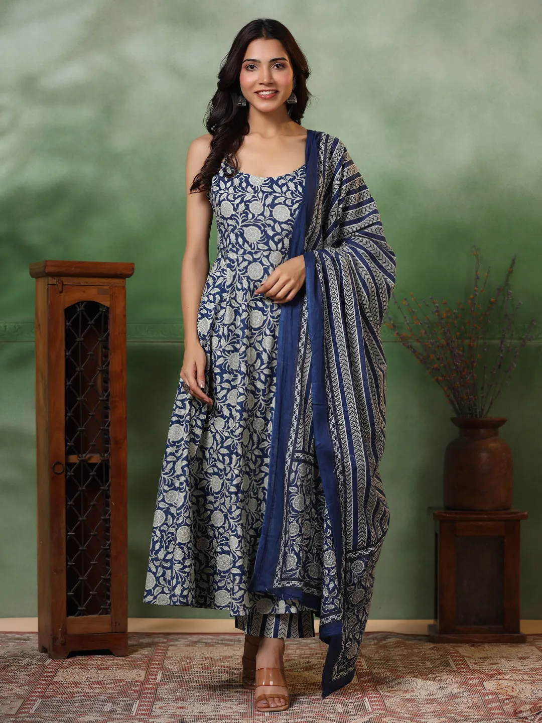 Ethnic Block Printed Anarkali Kurta with Pant & Pure Cotton Dupatta - Blue