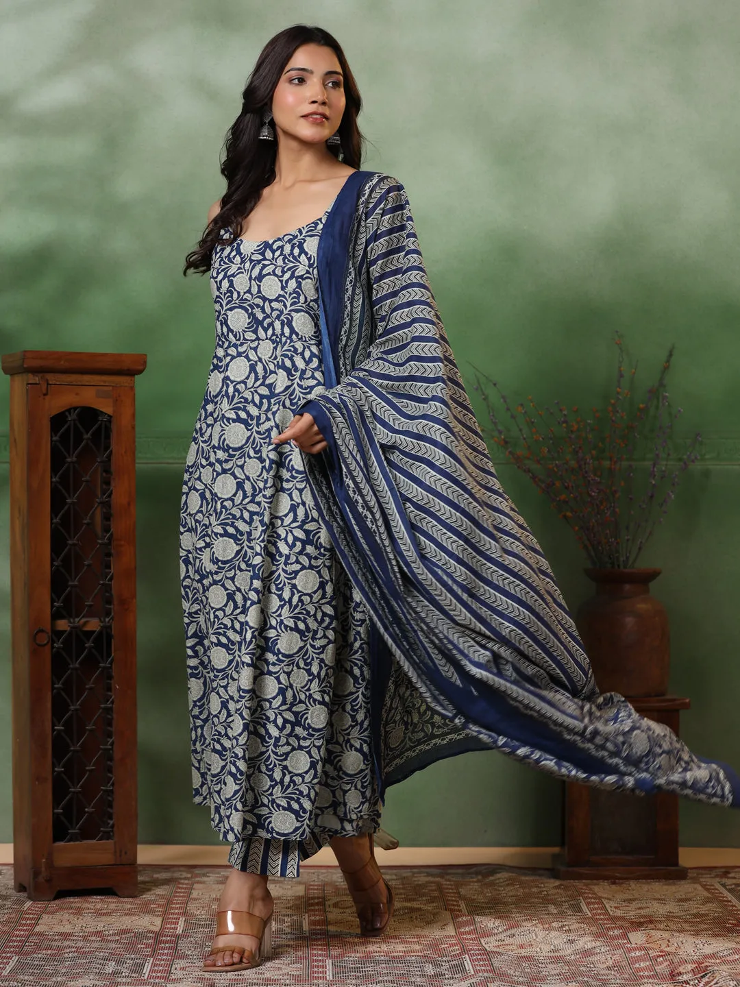 Ethnic Block Printed Anarkali Kurta with Pant & Pure Cotton Dupatta - Blue