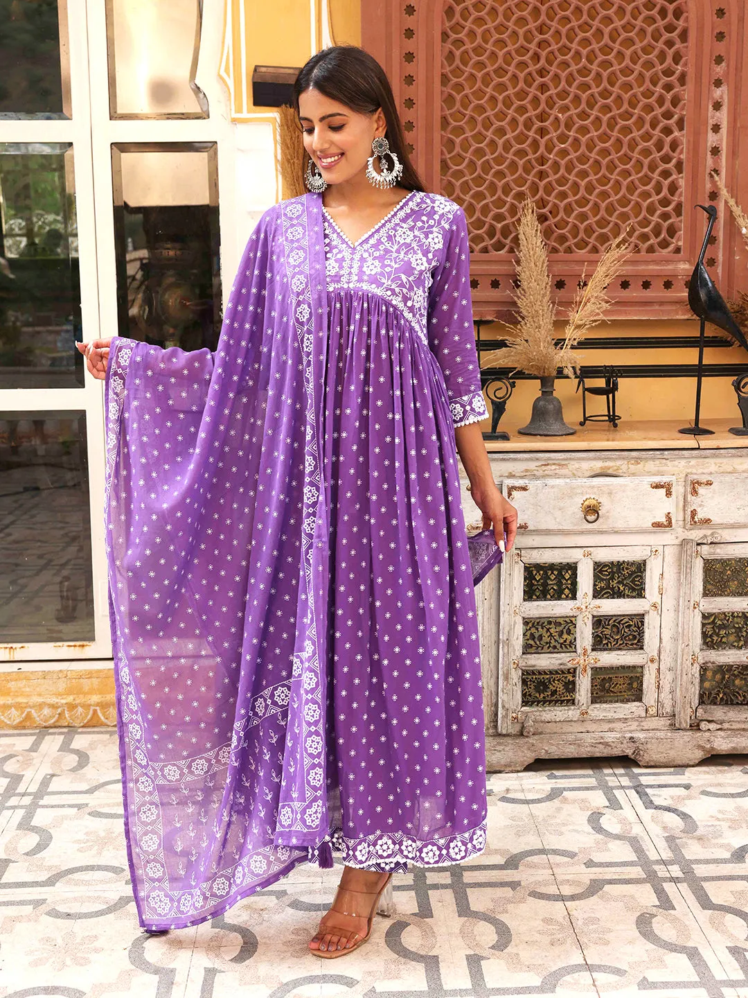 Ethnic Block Printed Mirror & Resham Embroidered Flared Kurta With Pants & Printed Dupatta - Violet