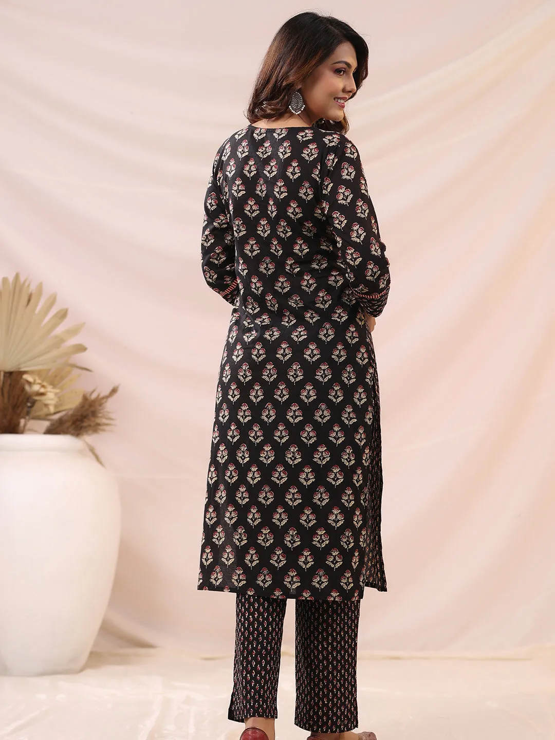 Ethnic Block Printed Sequins & Resham Embellished Kurta with Pants - Black