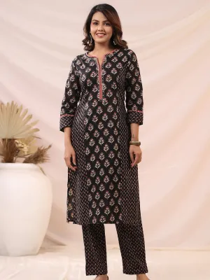 Ethnic Block Printed Sequins & Resham Embellished Kurta with Pants - Black