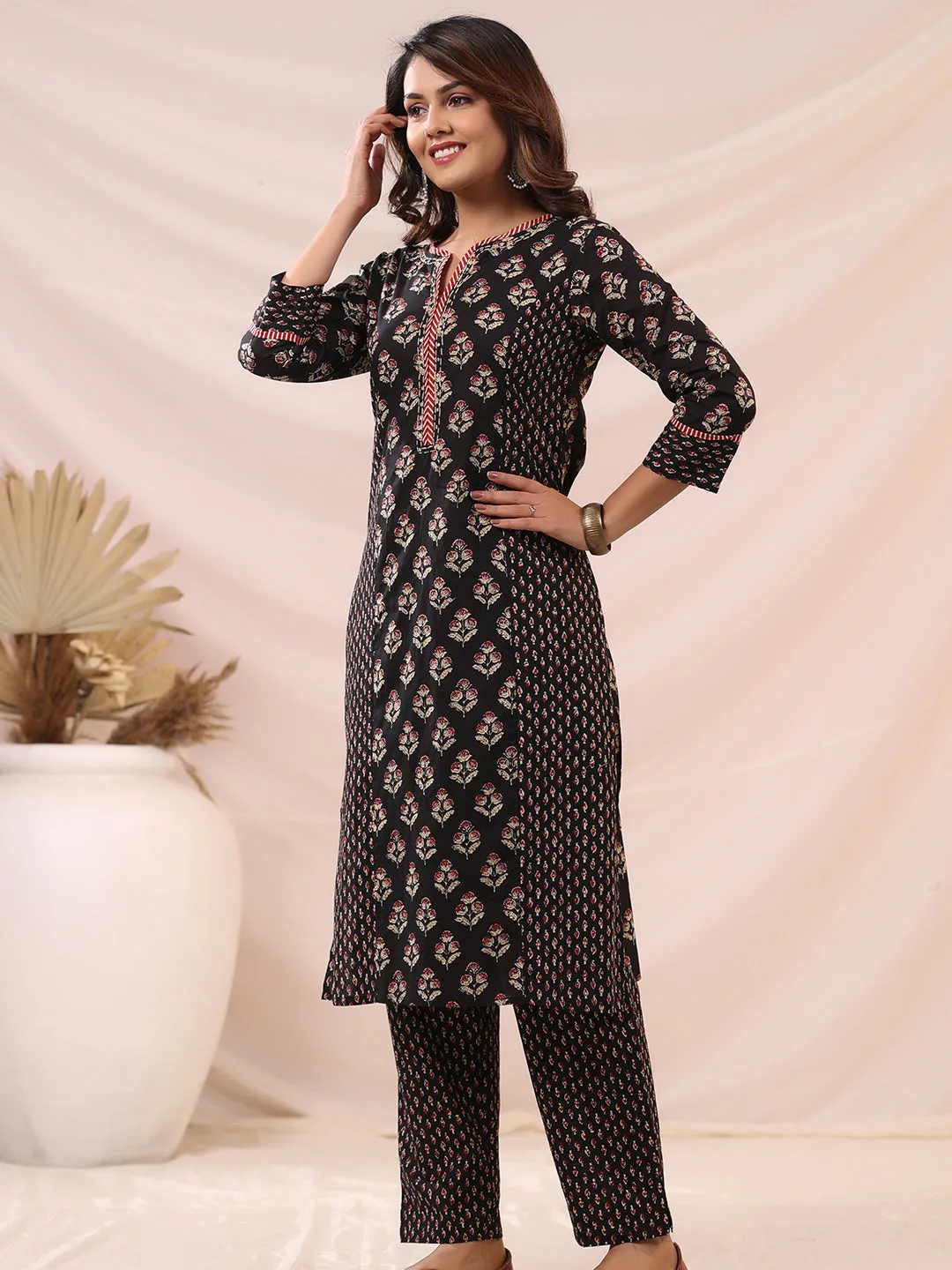 Ethnic Block Printed Sequins & Resham Embellished Kurta with Pants - Black