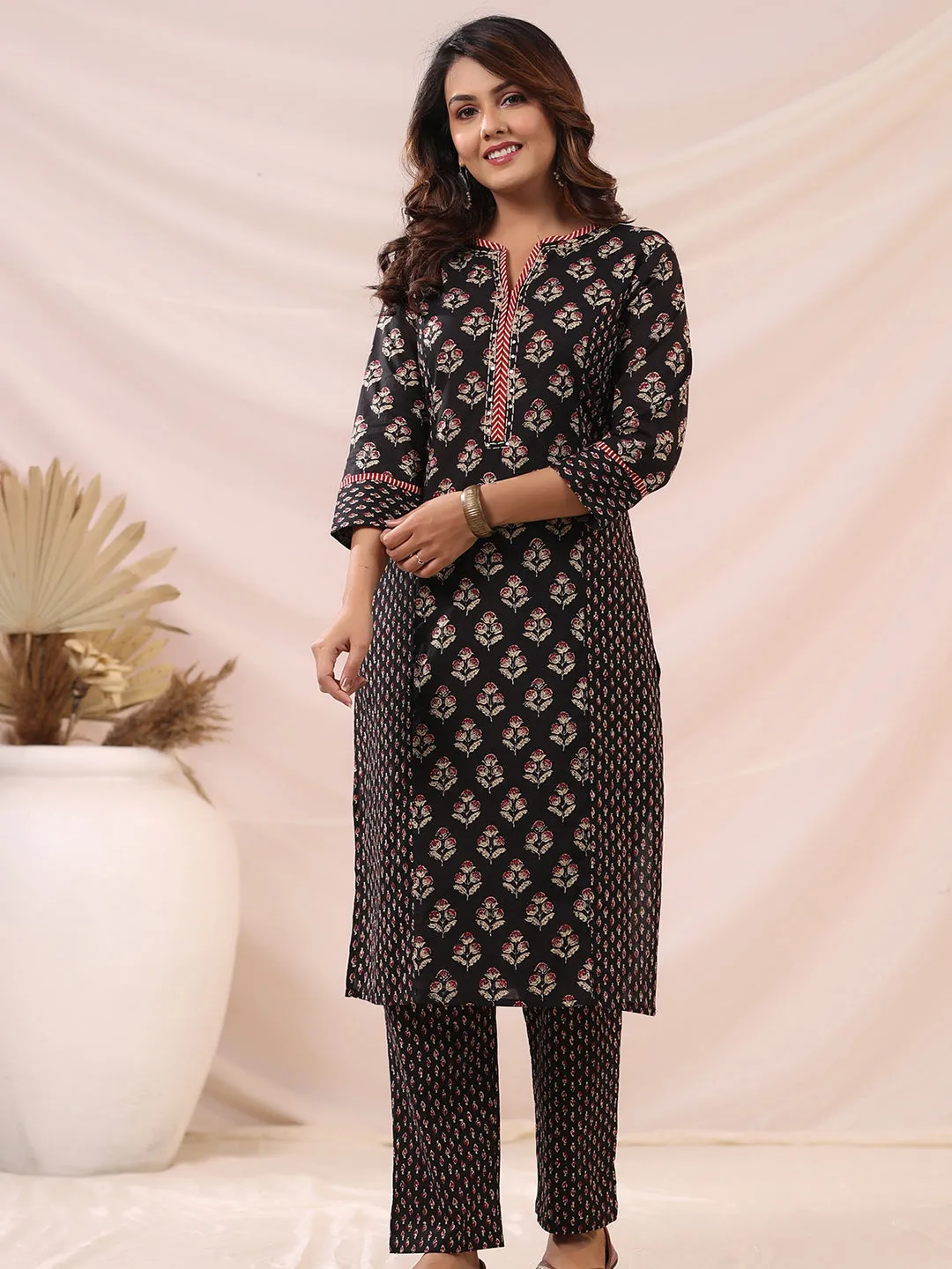 Ethnic Block Printed Sequins & Resham Embellished Kurta with Pants - Black