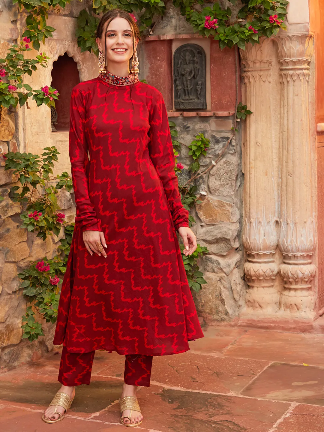 Ethnic Chevron Printed A-Line Flared Kurta with Pant - Maroon